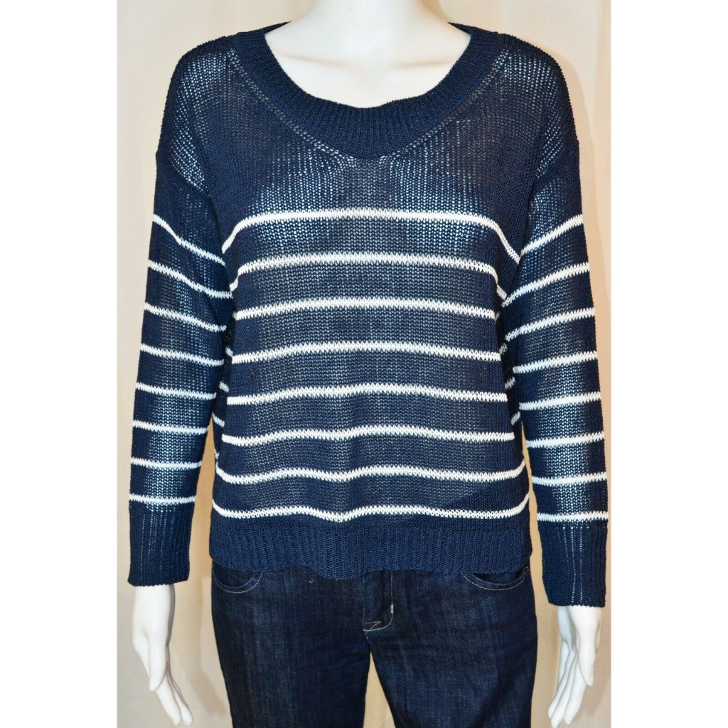 Ann Taylor Striped Open Knit Long Sleeve Top Blue/White Nautical Size Mp